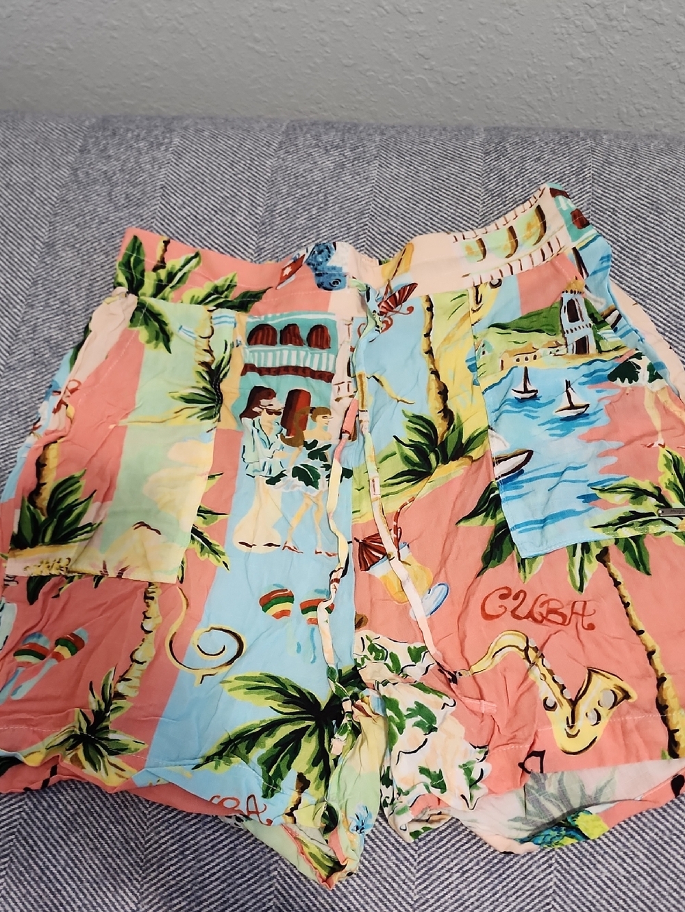 Maaji Tropical Print Drawstring Shorts in Coral & Sky